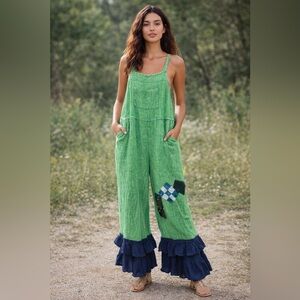 Upcycled Mesh Overalls w/ ruffled bottoms & patchwork.